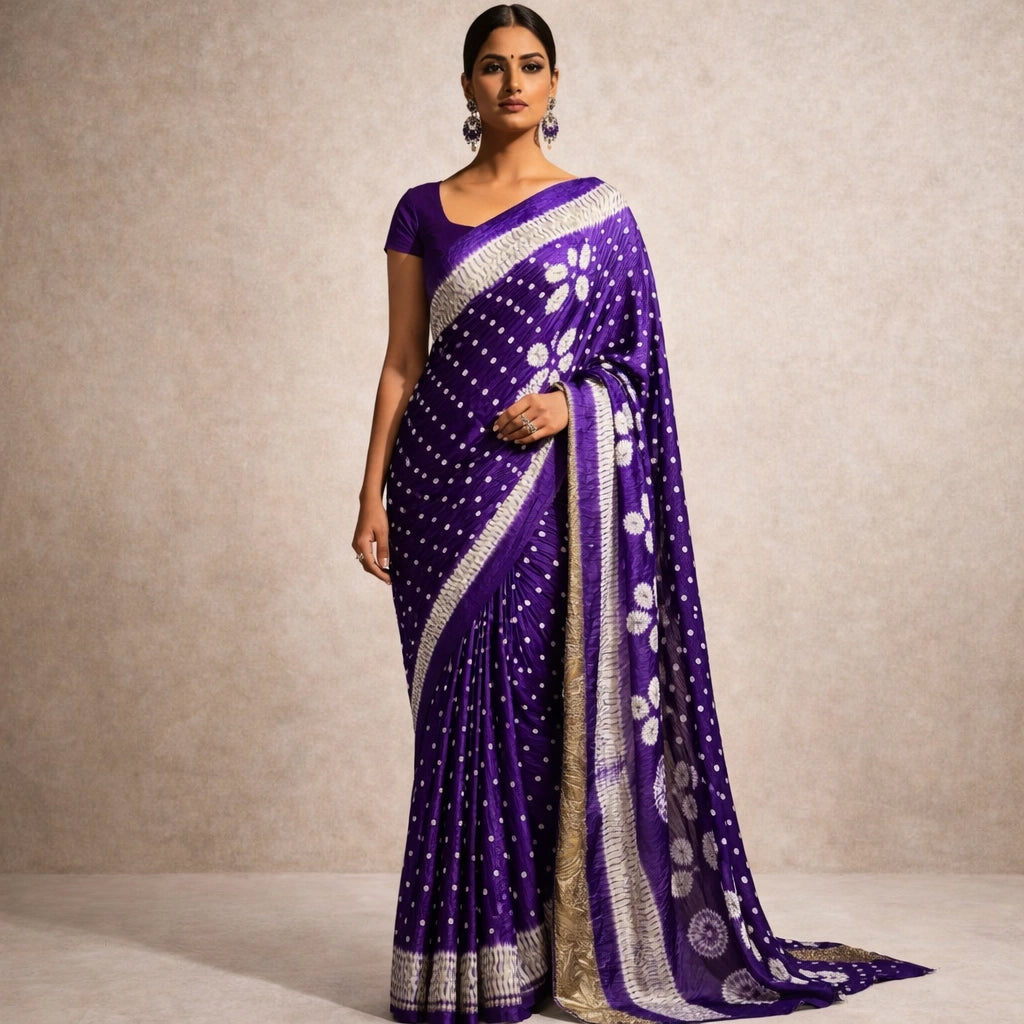 Royal Purple Bandhani Saree With Elegant Border – Timeless Festive Wear For Women And Girls For Women