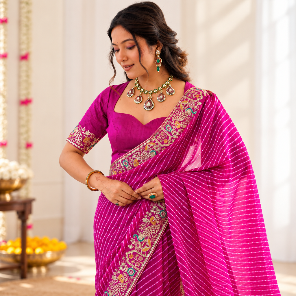 Magenta Faux Georgette Designer Saree with Sequin & Thread Embroidery | Badhani Print