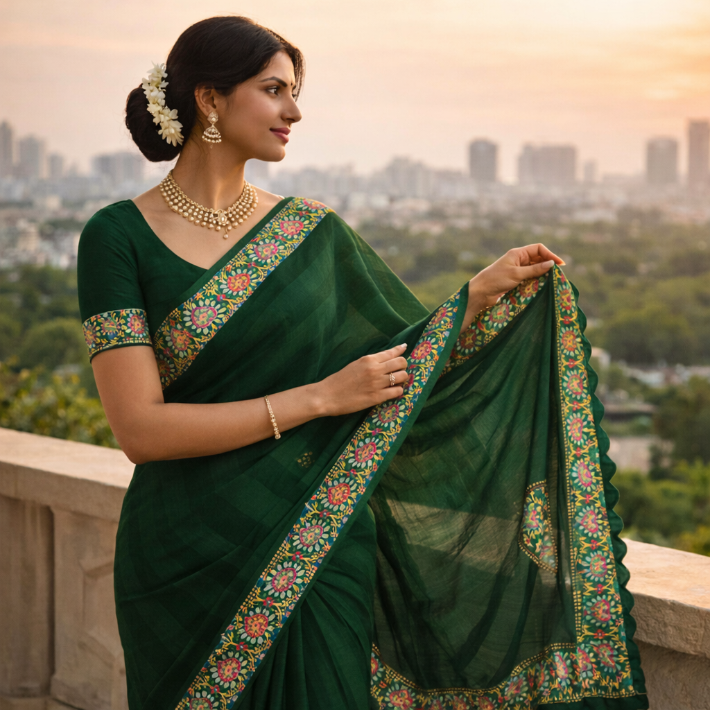 Green Heavy Pattern Georgette Saree With Printed Border Andamp And Siroski Work For Women
