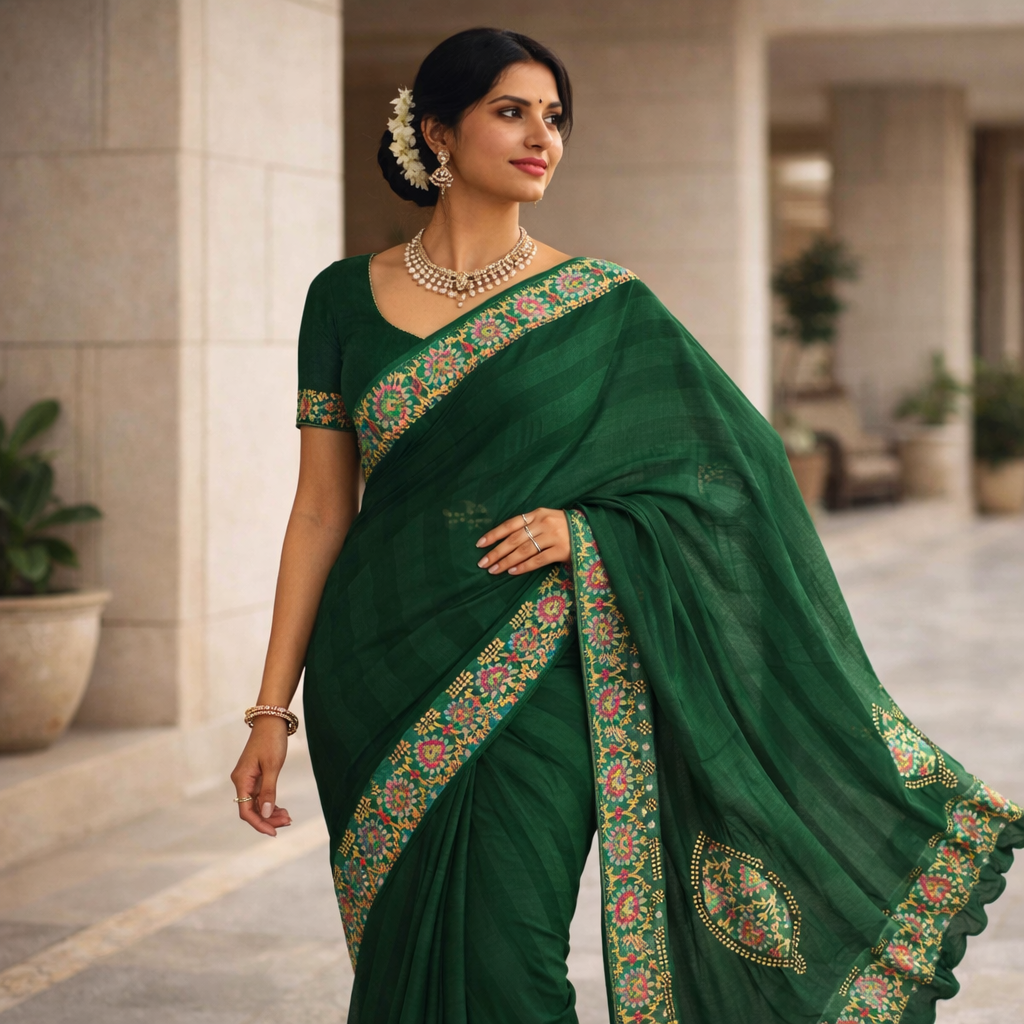 Green Heavy Pattern Georgette Saree With Printed Border Andamp And Siroski Work For Women