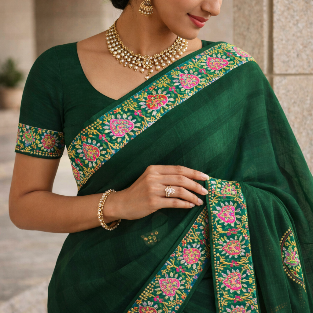 Green Heavy Pattern Georgette Saree With Printed Border Andamp And Siroski Work For Women