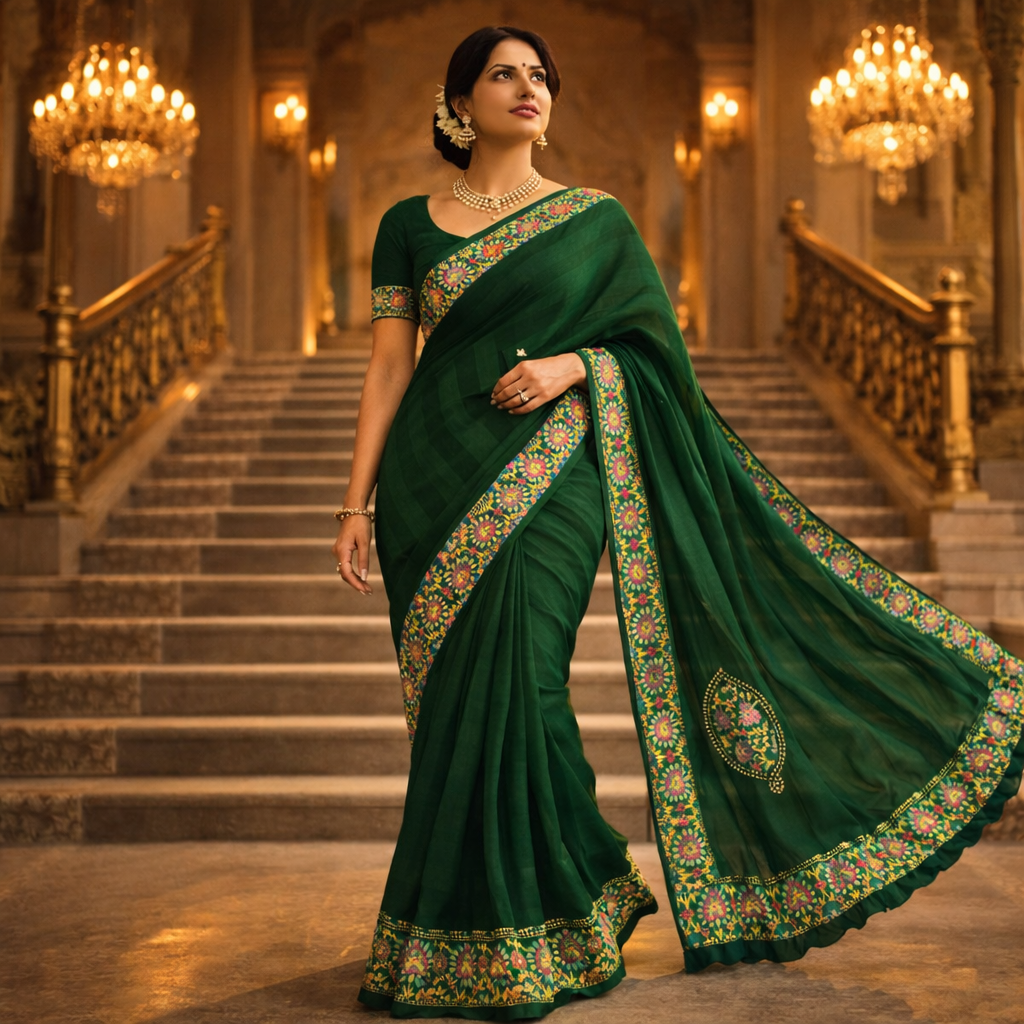 Green Heavy Pattern Georgette Saree With Printed Border Andamp And Siroski Work For Women