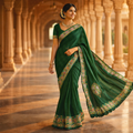 Green Heavy Pattern Georgette Saree With Printed Border Andamp And Siroski Work For Women