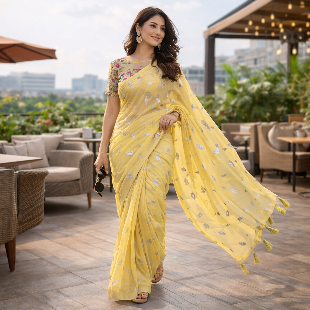 Yellow Chiffon Saree With Elegant Chikan Embroidered Blouse For Women
