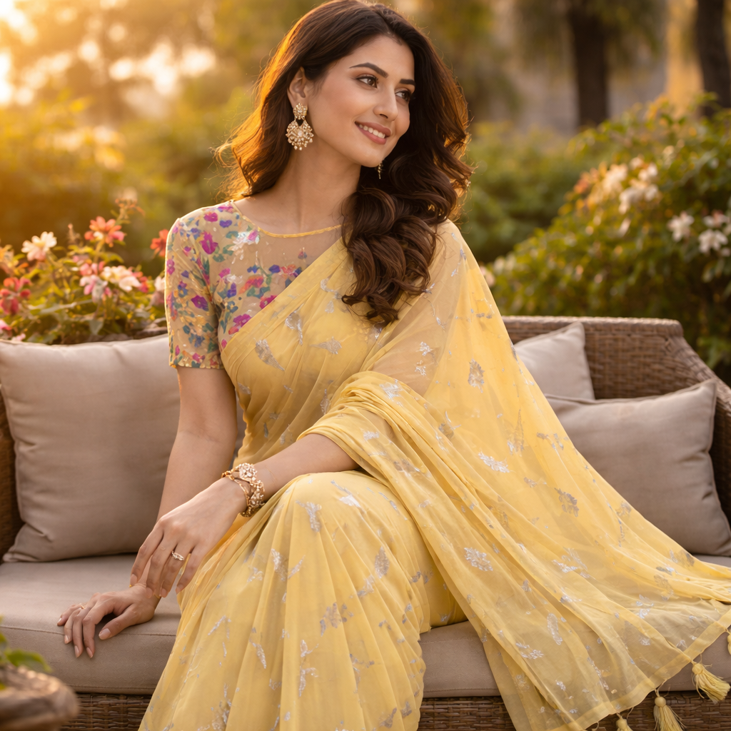Yellow Chiffon Saree With Elegant Chikan Embroidered Blouse For Women