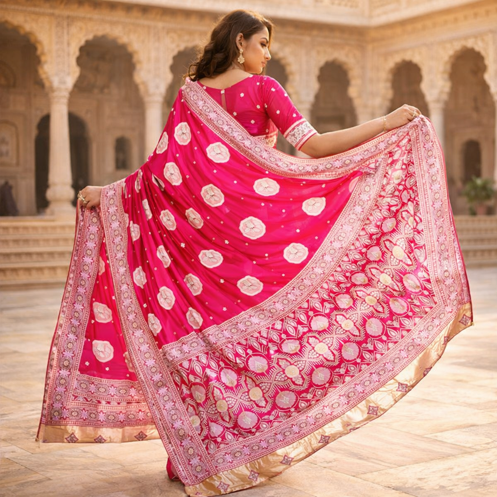 Pink Banarasi Katan Silk Saree With Silver Zari | Festive Royal Elegance For Women