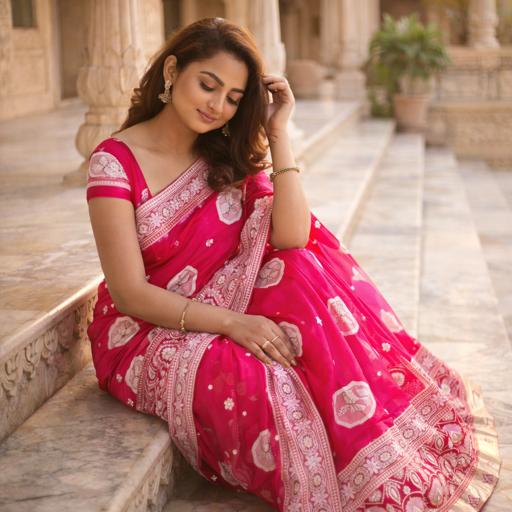 Pink Banarasi Katan Silk Saree With Silver Zari | Festive Royal Elegance For Women