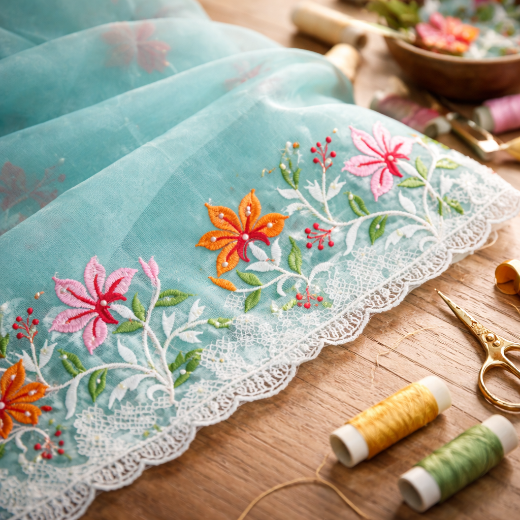 Sky Blue Organza Saree With Pearl And Embroidery Work And Blouse – Designer Wedding And Festive Saree For Women