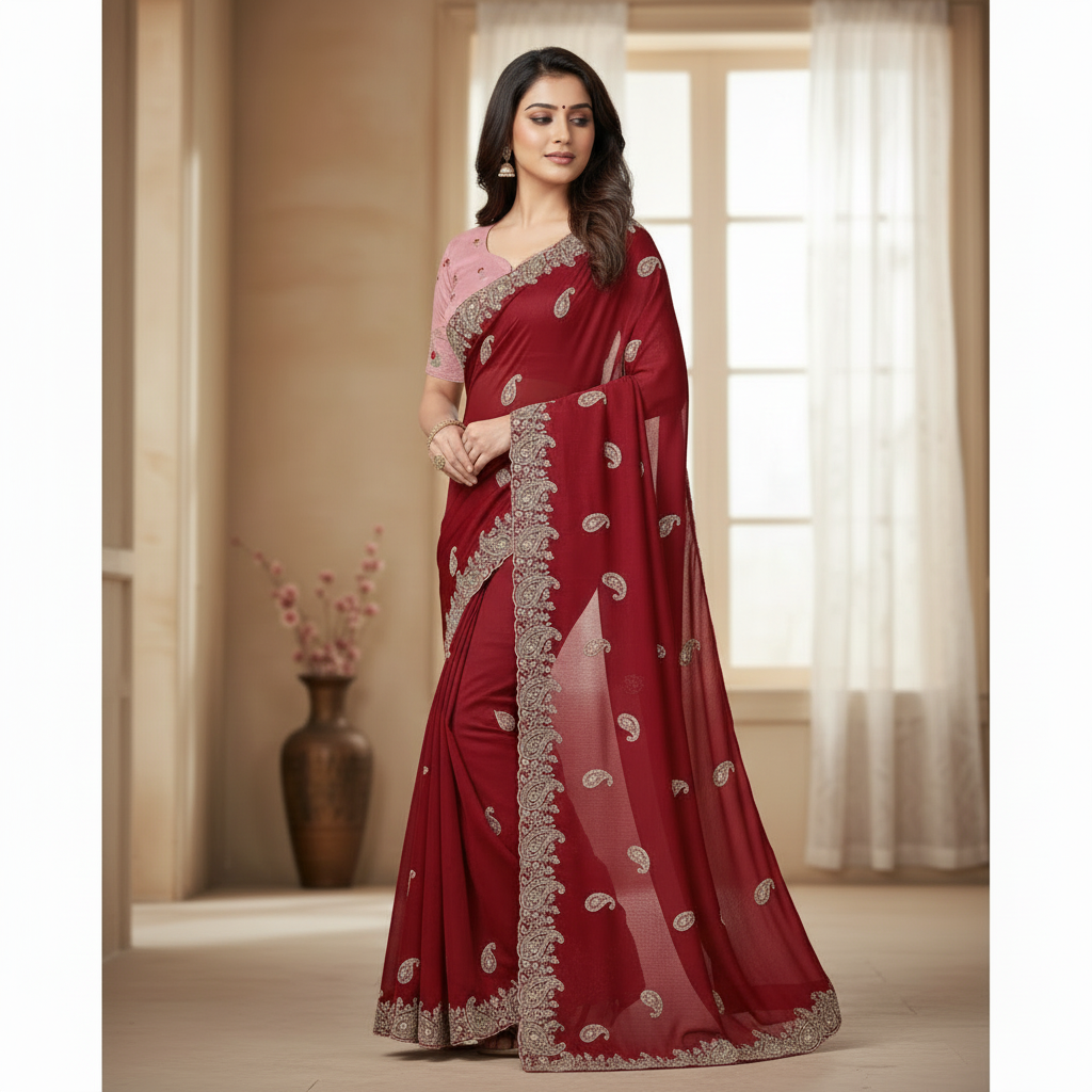 Red Satin Chiffon Saree With Jurkan And Jimmy Choo Blouse – A Glamorous Statement In Every Step For Women
