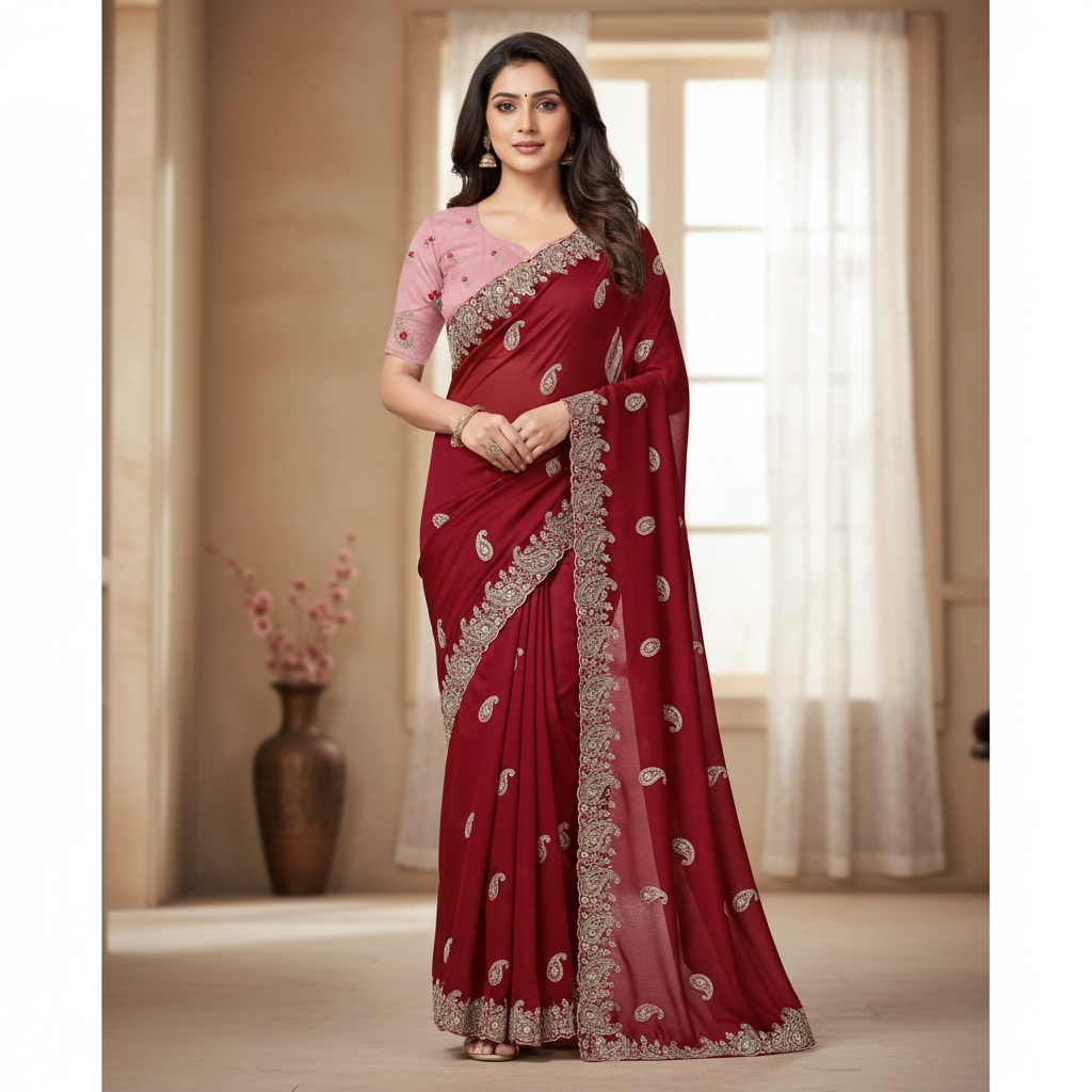 Red Satin Chiffon Saree With Jurkan And Jimmy Choo Blouse – A Glamorous Statement In Every Step For Women