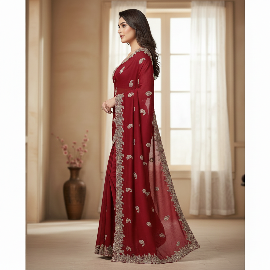 Red Satin Chiffon Saree With Jurkan And Jimmy Choo Blouse – A Glamorous Statement In Every Step For Women