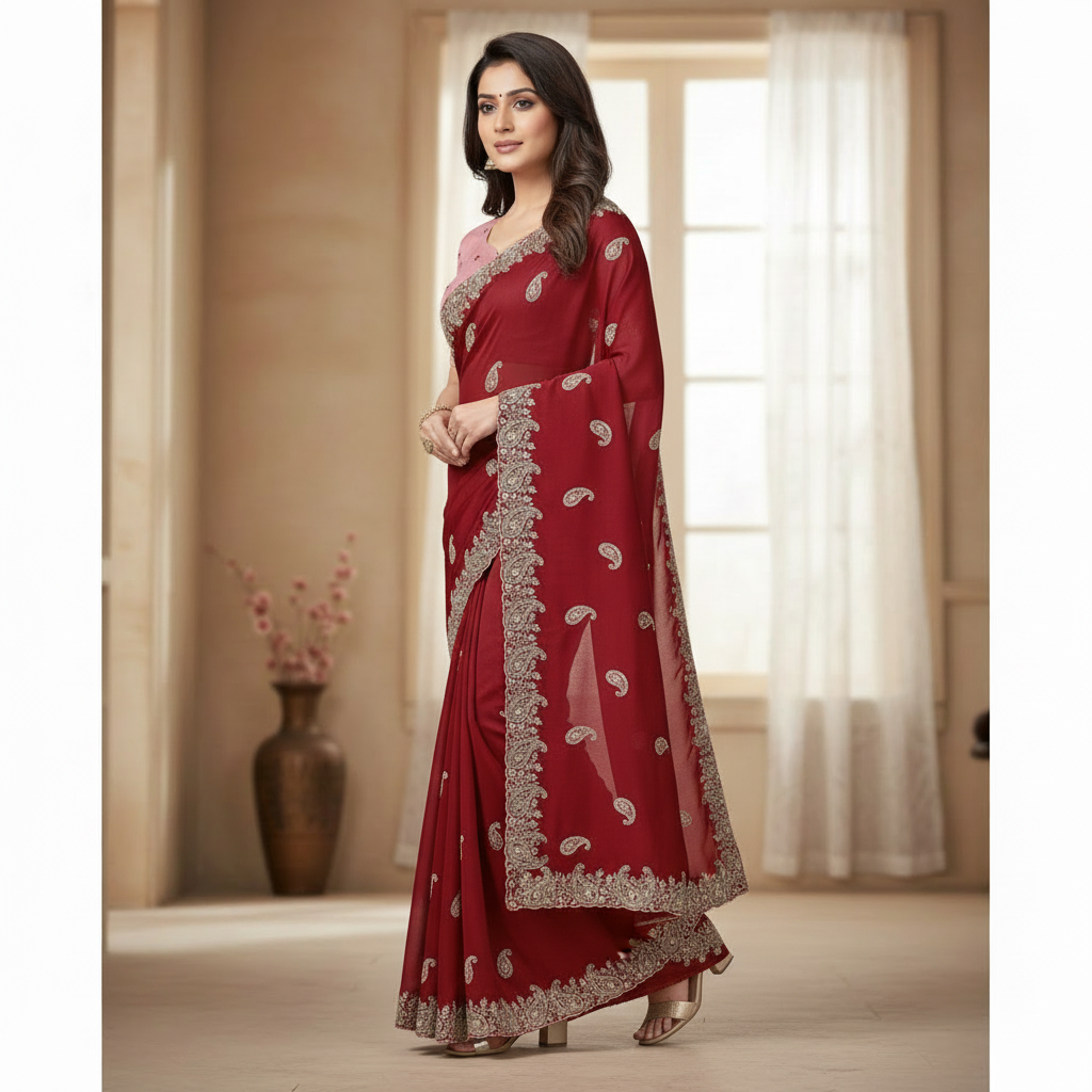 Red Satin Chiffon Saree With Jurkan And Jimmy Choo Blouse – A Glamorous Statement In Every Step For Women