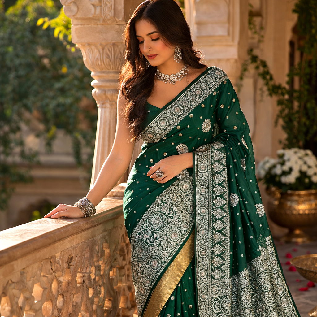 Green Ajrakh Kasturi Saree – An Heirloom Of Elegance For Women