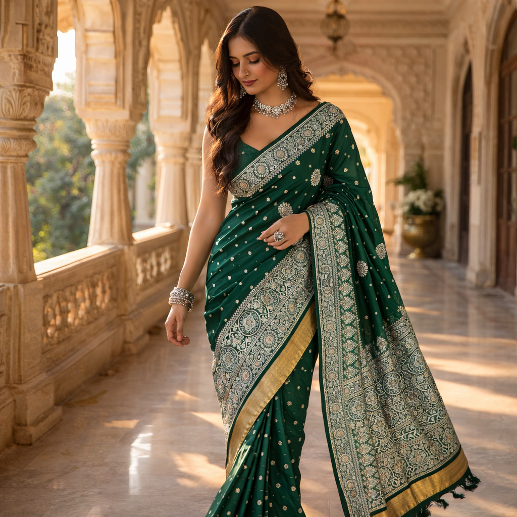 Green Ajrakh Kasturi Saree – An Heirloom Of Elegance For Women