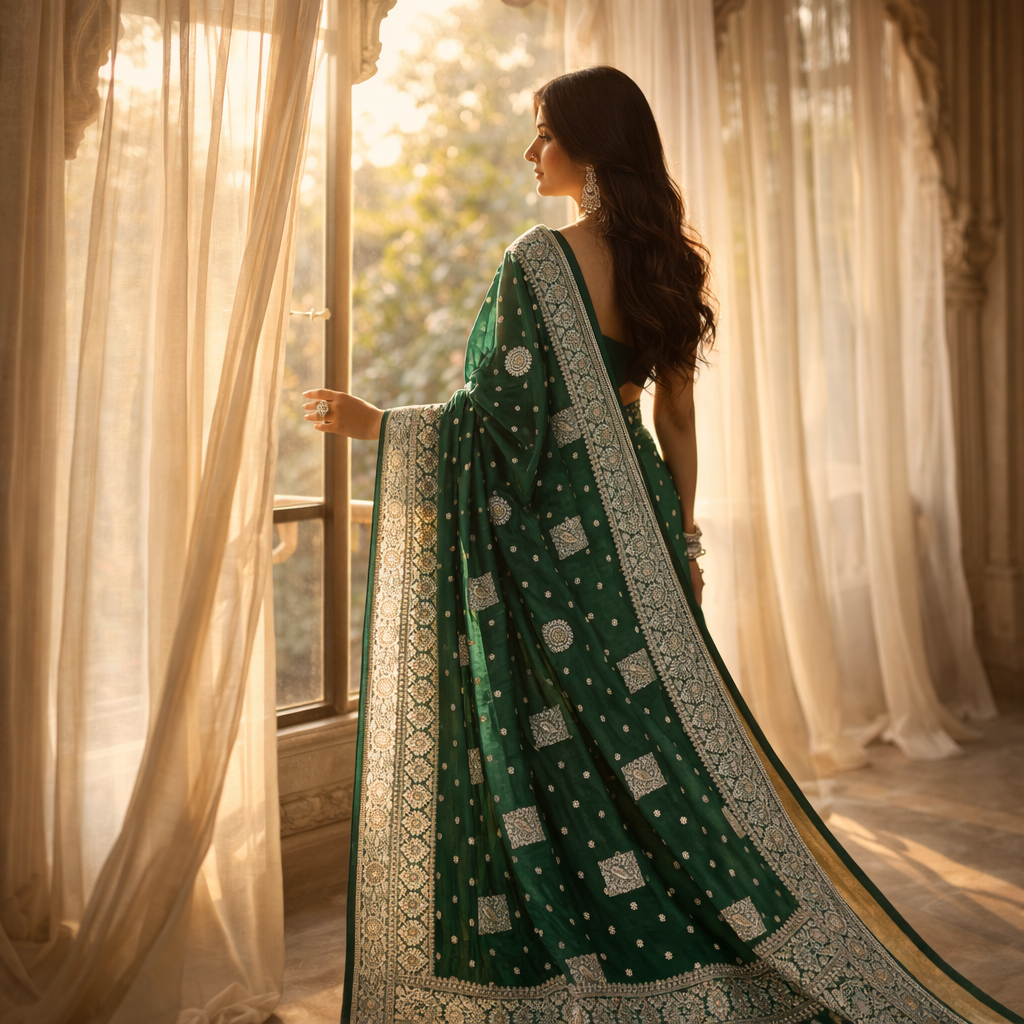 Green Ajrakh Kasturi Saree – An Heirloom Of Elegance For Women