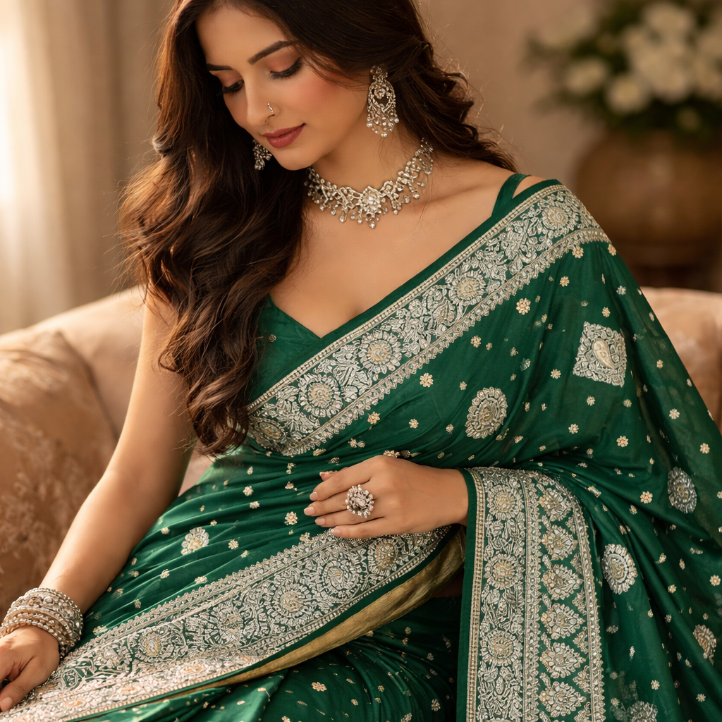 Green Ajrakh Kasturi Saree – An Heirloom Of Elegance For Women