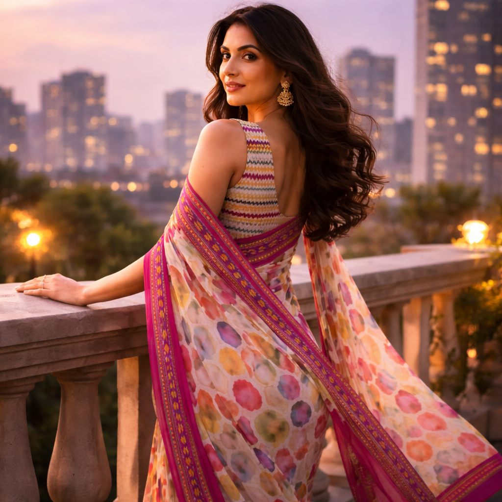 Pink Digital Print Linen Saree With Readymade Blouse – Grace That Breathes For Women