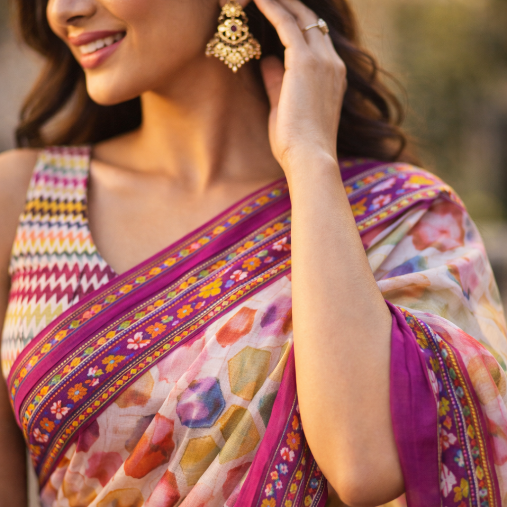 Pink Digital Print Linen Saree With Readymade Blouse – Grace That Breathes For Women