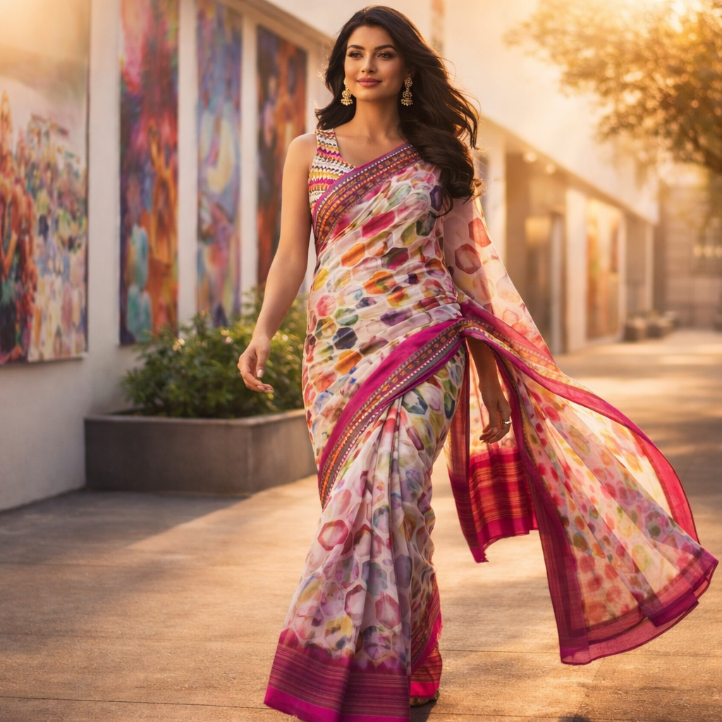Pink Digital Print Linen Saree With Readymade Blouse – Grace That Breathes For Women
