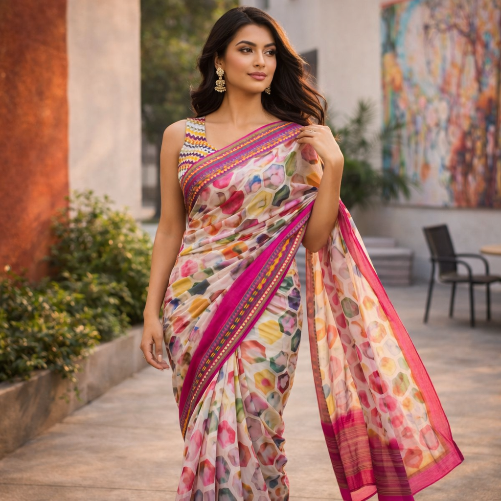 Pink Digital Print Linen Saree With Readymade Blouse – Grace That Breathes For Women