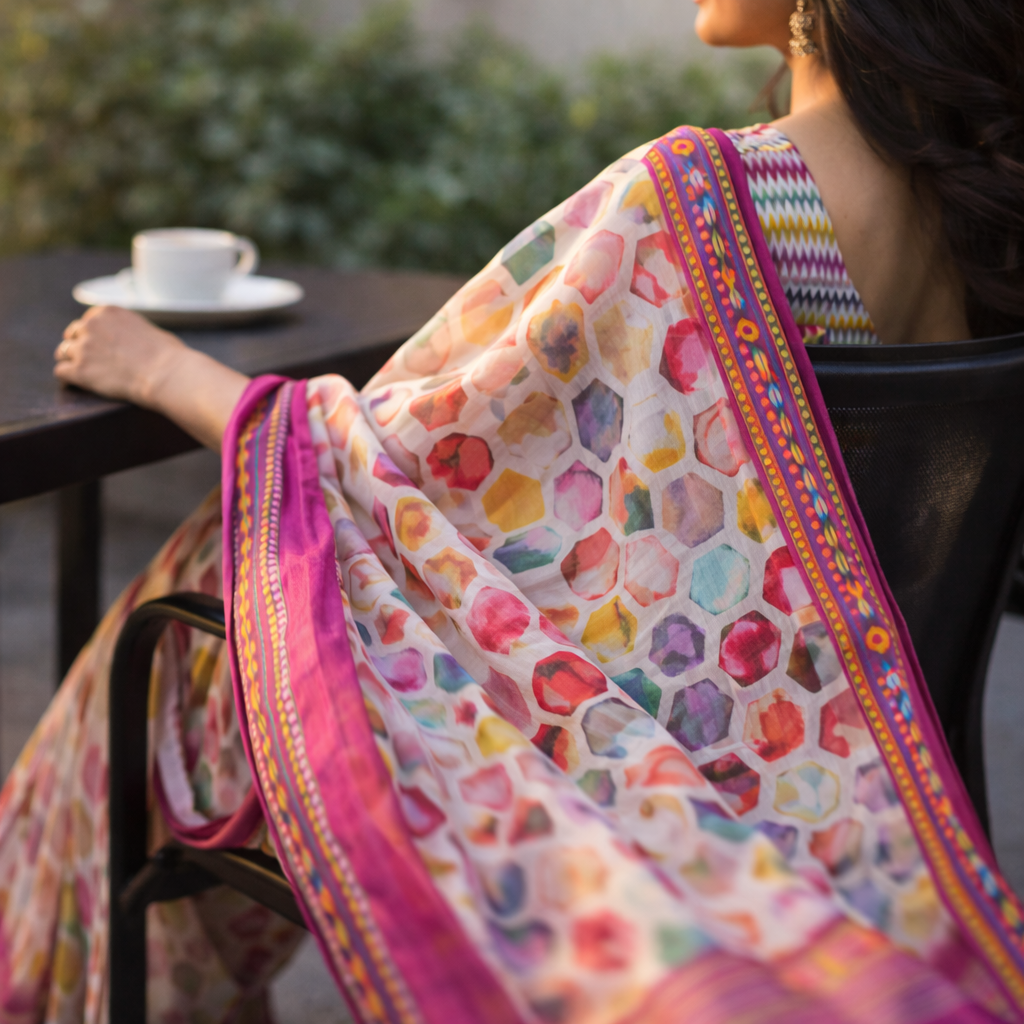 Pink Digital Print Linen Saree With Readymade Blouse – Grace That Breathes For Women