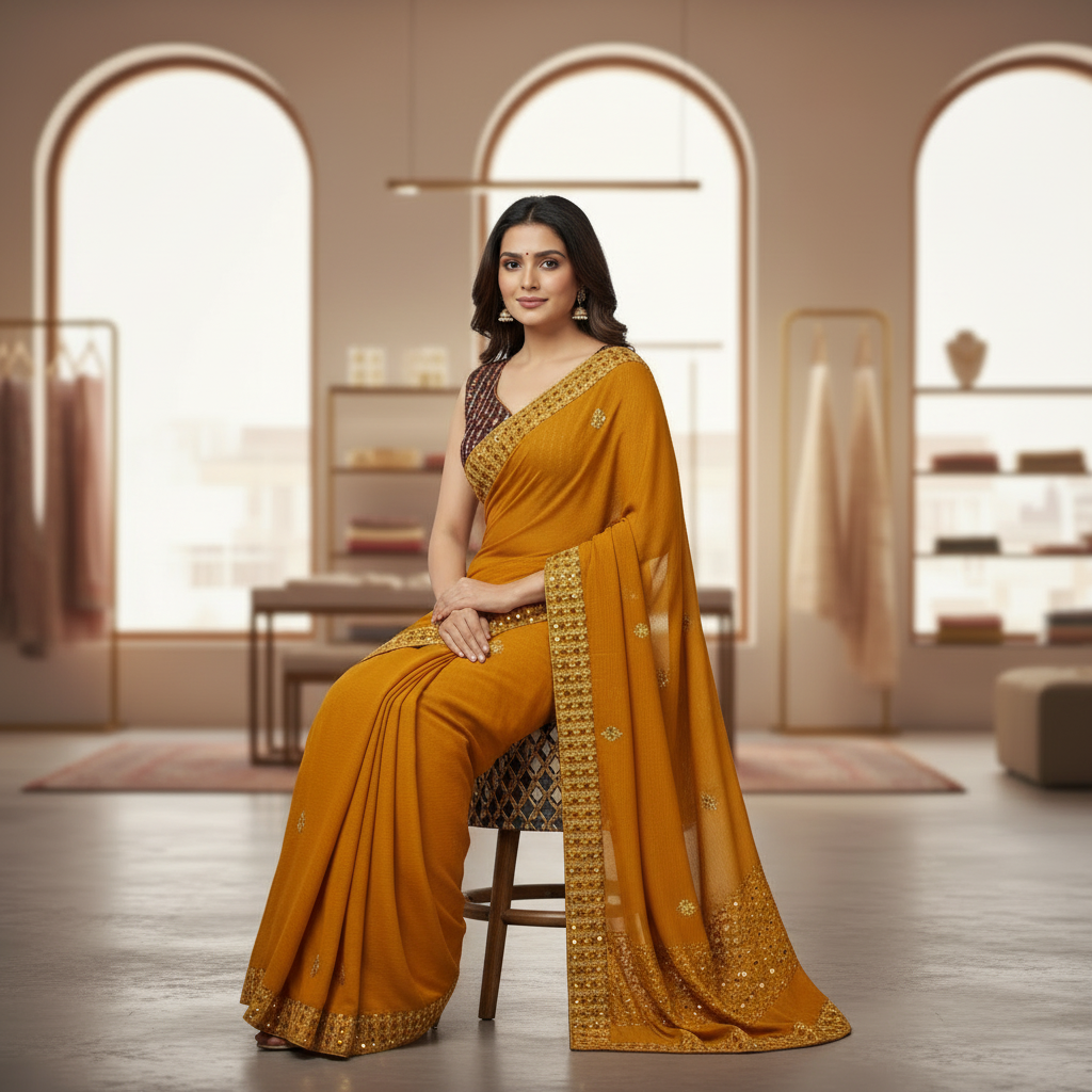 Yellow Georgette Saree With Readymade Blouse – Quick-Drape Party And Festive Saree For Women For Women