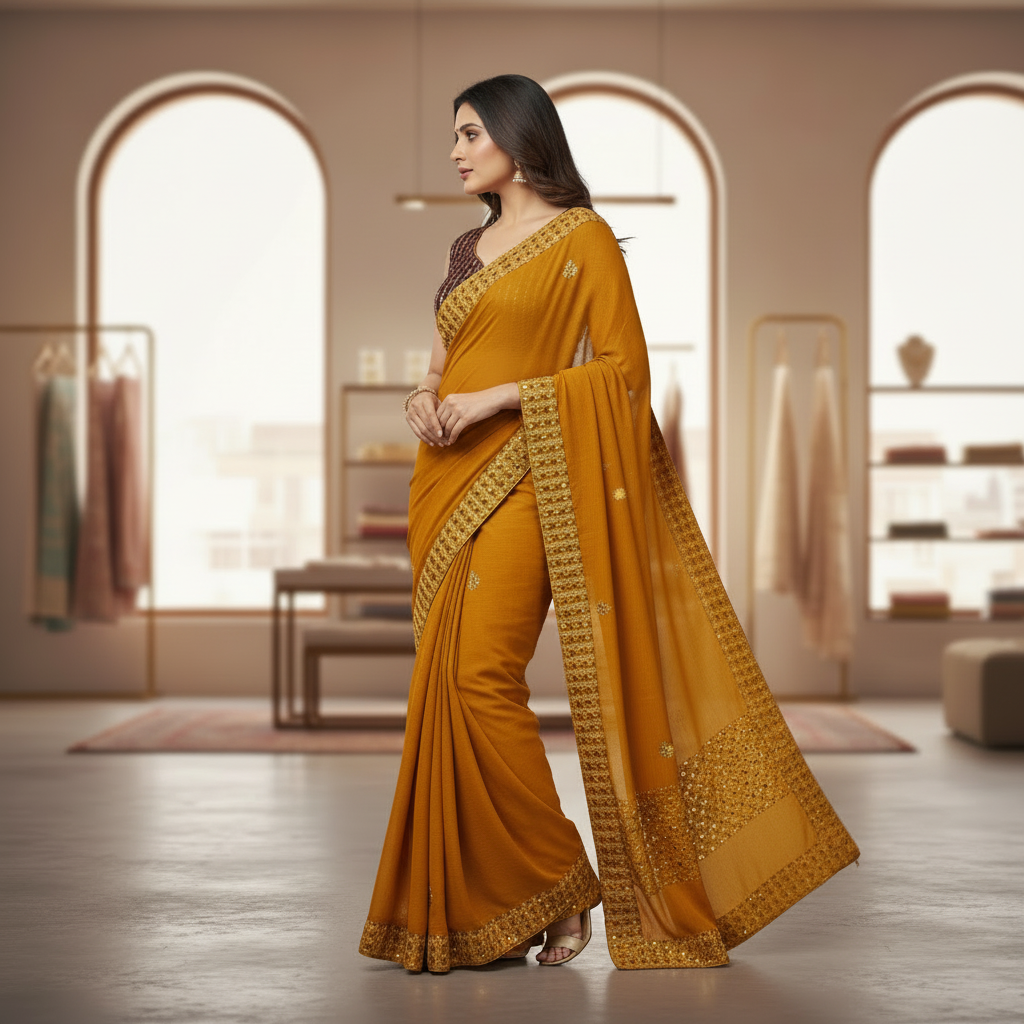Yellow Georgette Saree With Readymade Blouse – Quick-Drape Party And Festive Saree For Women For Women