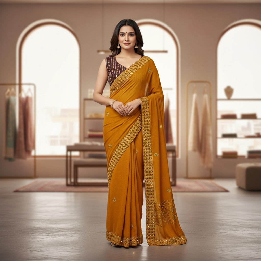 Yellow Georgette Saree With Readymade Blouse – Quick-Drape Party And Festive Saree For Women For Women