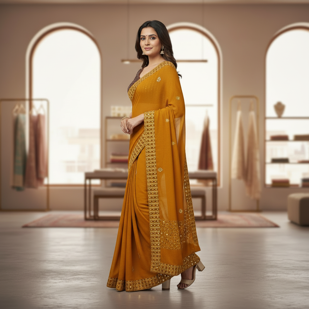 Yellow Georgette Saree With Readymade Blouse – Quick-Drape Party And Festive Saree For Women For Women