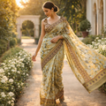 Yellow Digital Print Linen Saree With Readymade Blouse – Fresh, Light And Made To Impress For Women