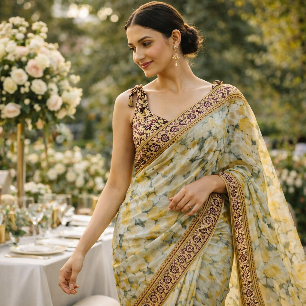 Yellow Digital Print Linen Saree With Readymade Blouse – Fresh, Light And Made To Impress For Women
