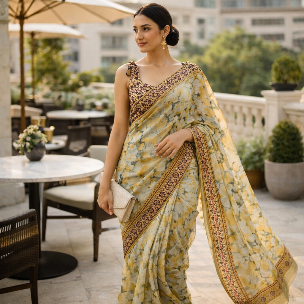Yellow Digital Print Linen Saree With Readymade Blouse – Fresh, Light And Made To Impress For Women