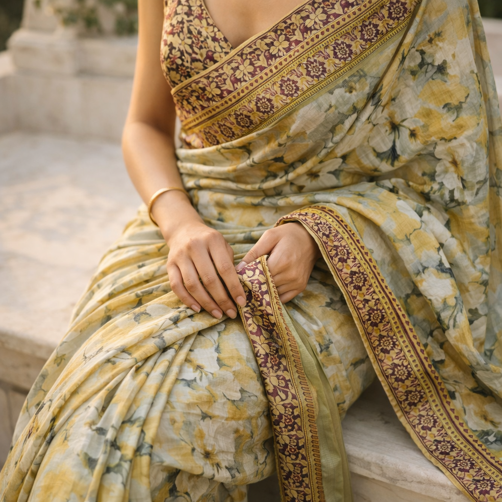 Yellow Digital Print Linen Saree With Readymade Blouse – Fresh, Light And Made To Impress For Women