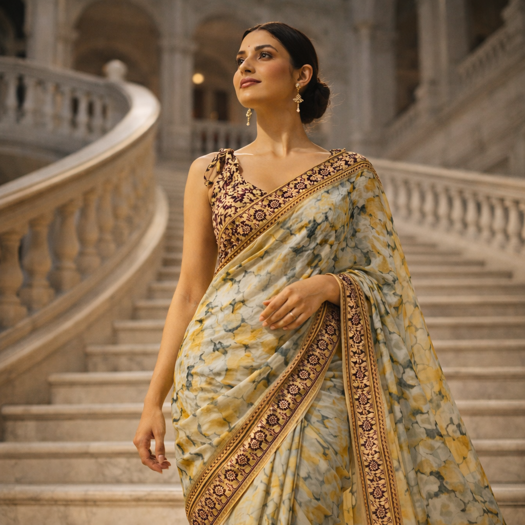 Yellow Digital Print Linen Saree With Readymade Blouse – Fresh, Light And Made To Impress For Women