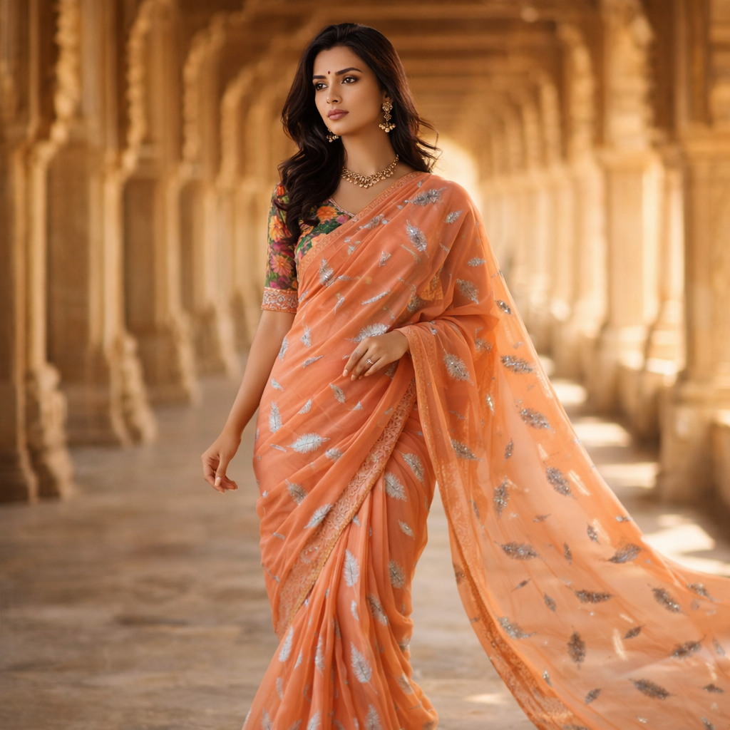 Orange Chiffon Saree With Elegant Chikan Embroidered Blouse For Women