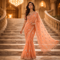 Orange Chiffon Saree With Elegant Chikan Embroidered Blouse For Women