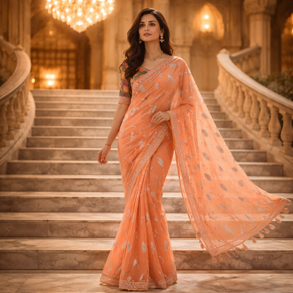 Orange Chiffon Saree With Elegant Chikan Embroidered Blouse For Women