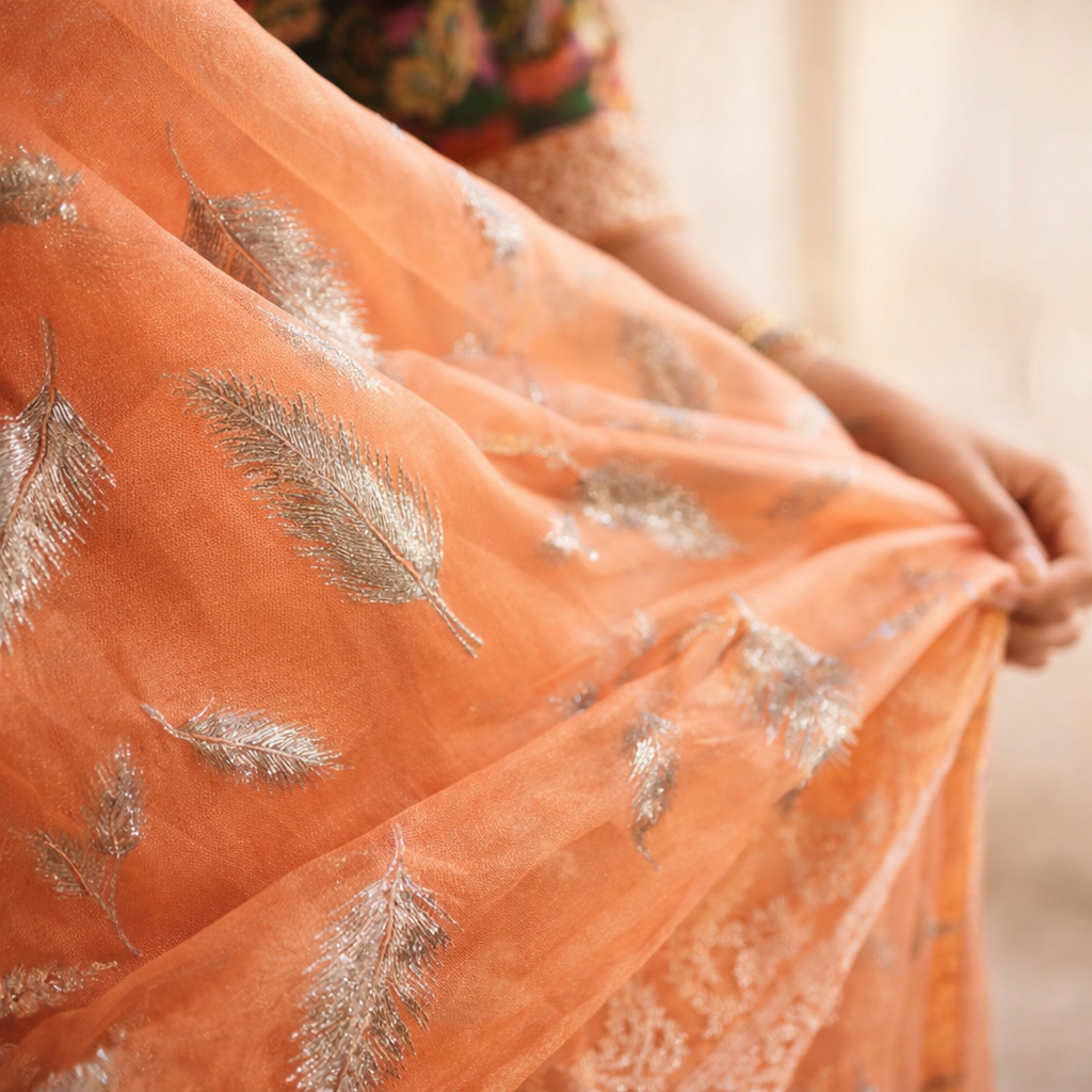 Orange Chiffon Saree With Elegant Chikan Embroidered Blouse For Women