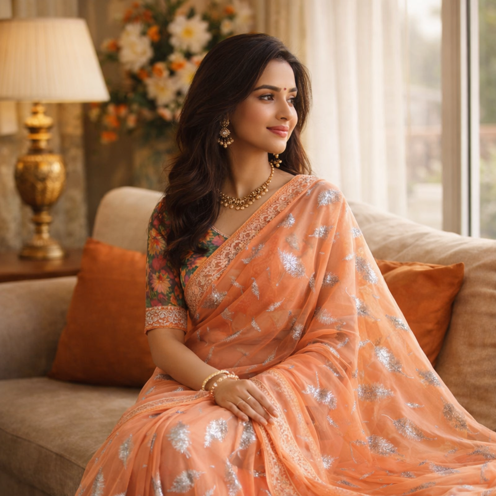 Orange Chiffon Saree With Elegant Chikan Embroidered Blouse For Women