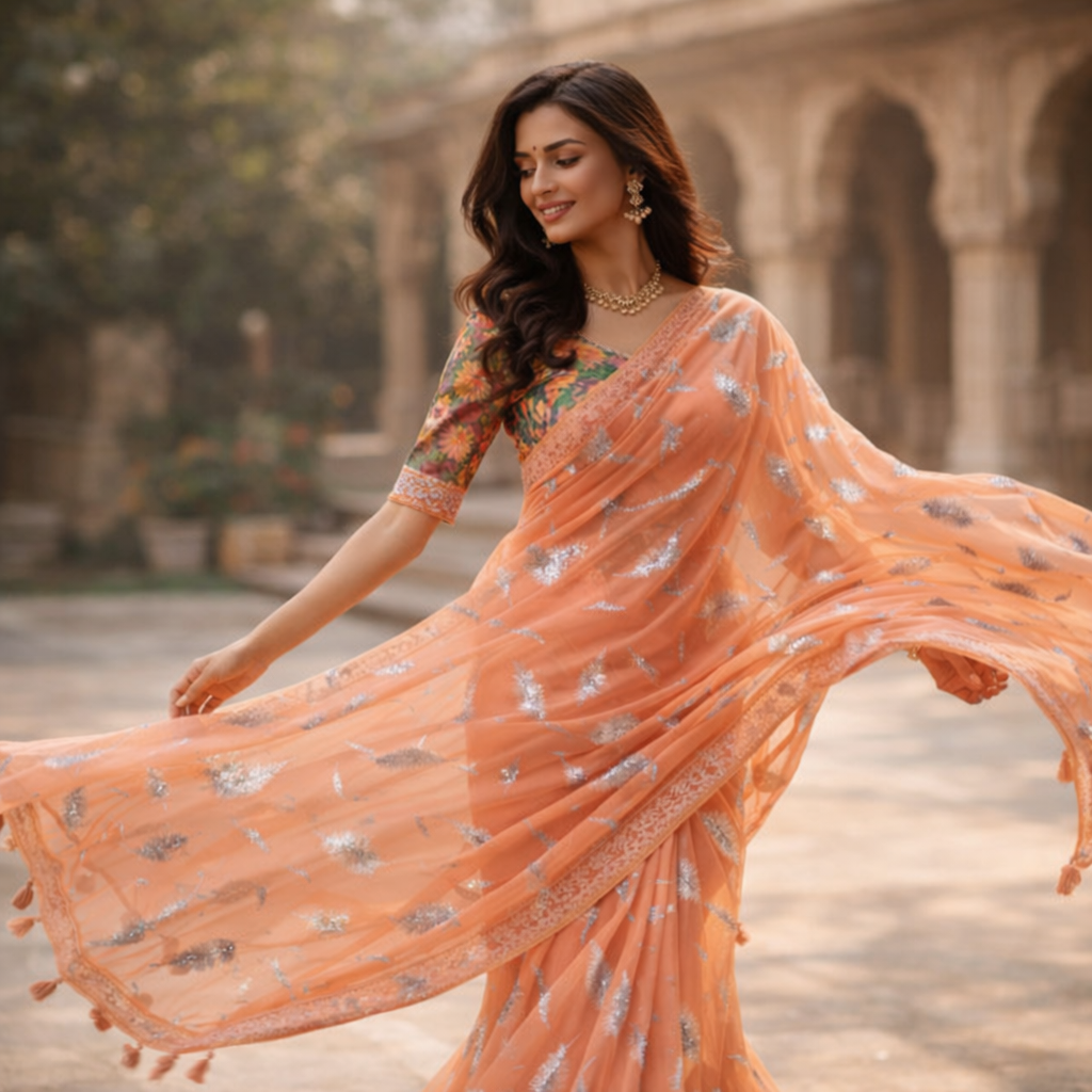 Orange Chiffon Saree With Elegant Chikan Embroidered Blouse For Women