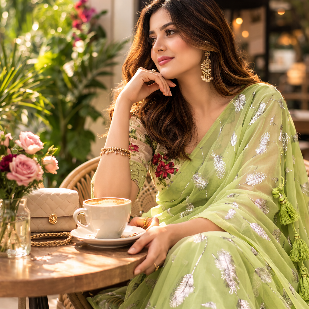 Light Green Chiffon Saree With Elegant Chikan Embroidered Blouse For Women