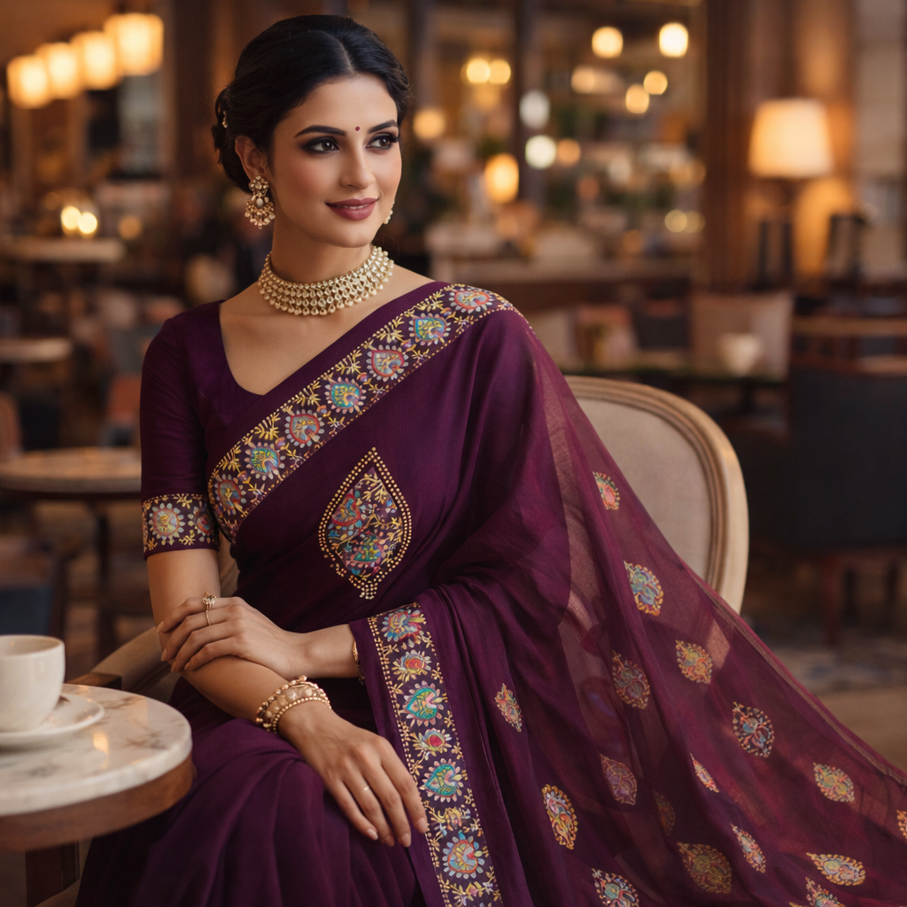 Purple Heavy Pattern Georgette Saree With Printed Border Andamp And Siroski Work For Women