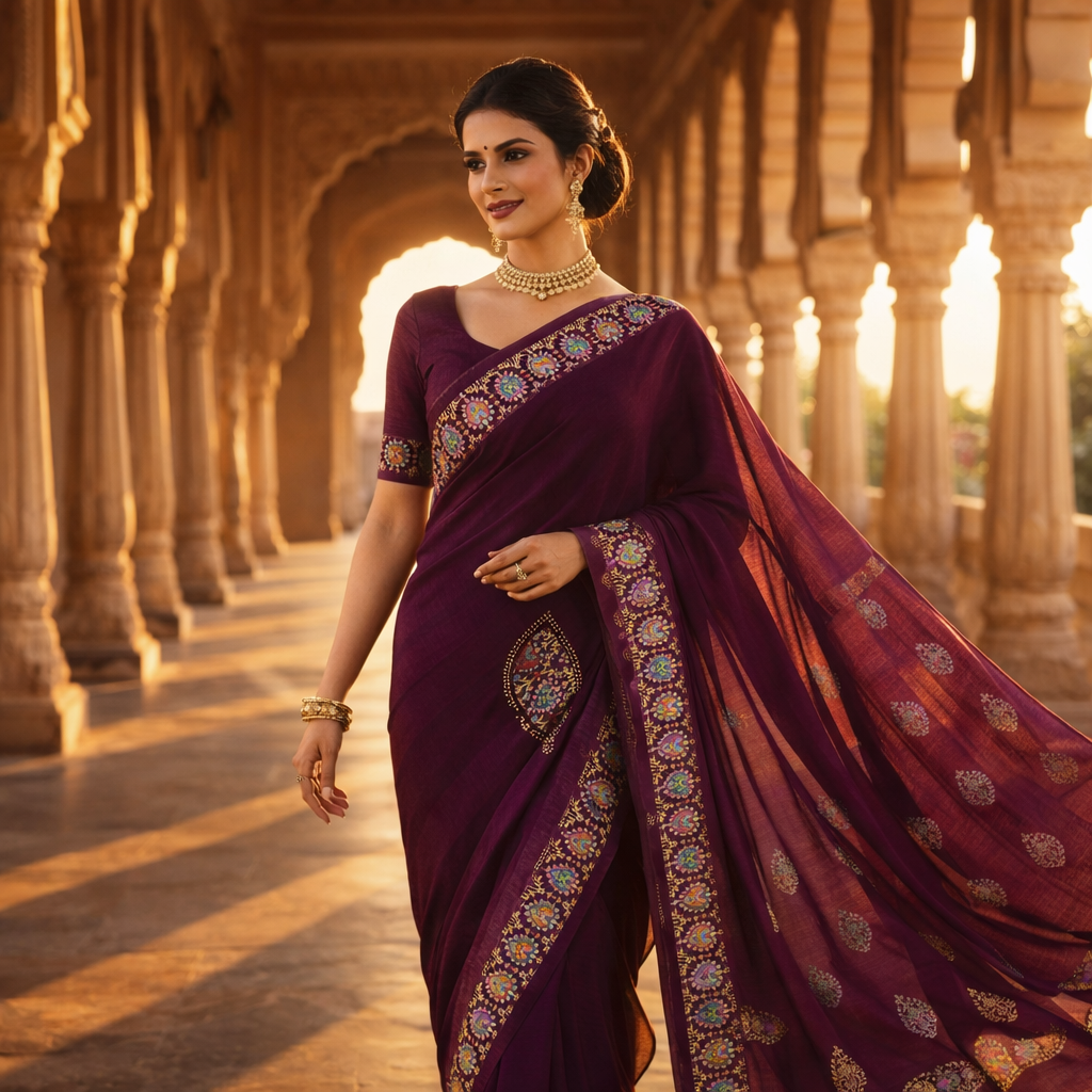 Purple Heavy Pattern Georgette Saree With Printed Border Andamp And Siroski Work For Women