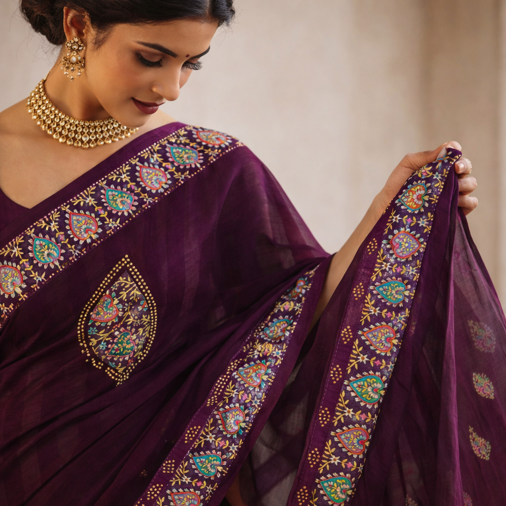 Purple Heavy Pattern Georgette Saree With Printed Border Andamp And Siroski Work For Women