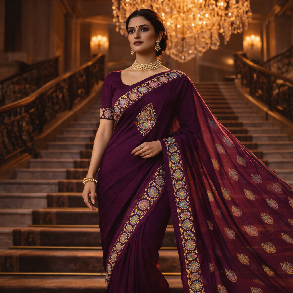 Purple Heavy Pattern Georgette Saree With Printed Border Andamp And Siroski Work For Women