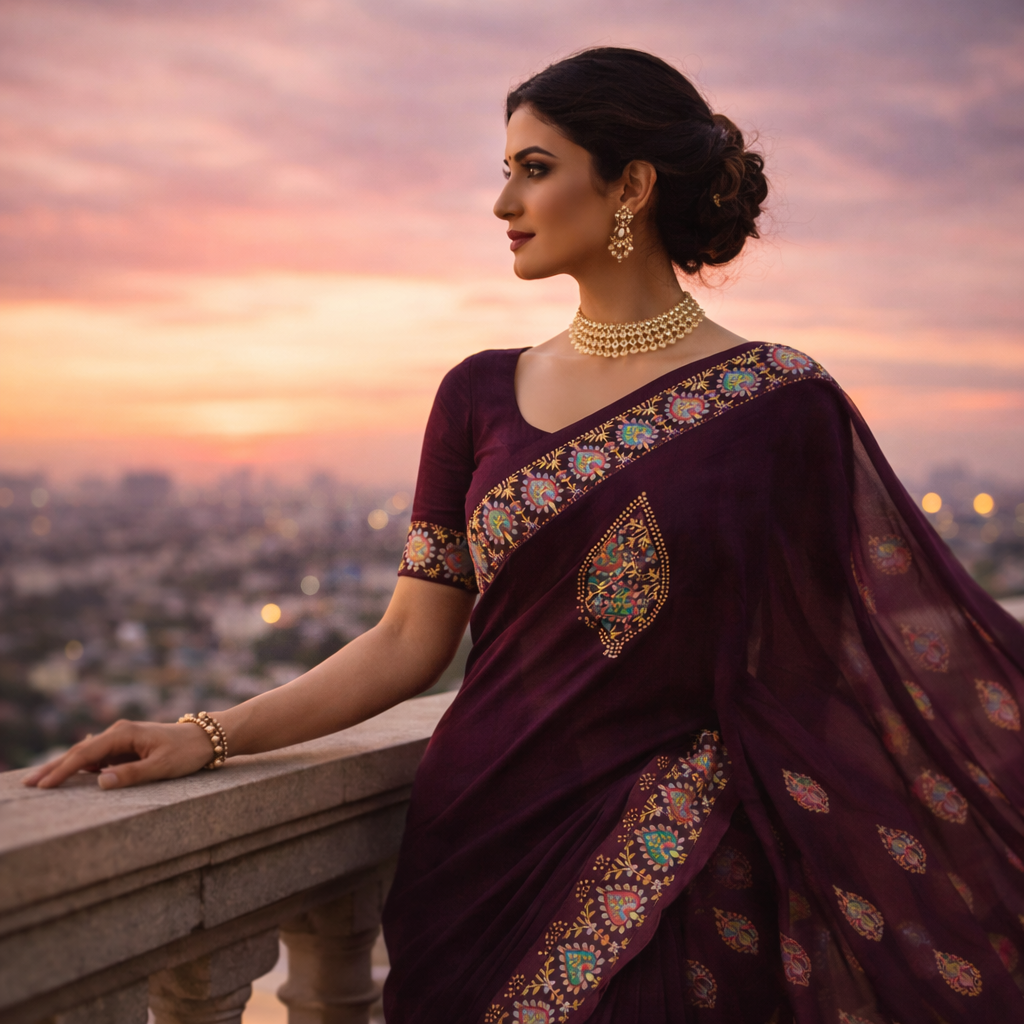 Purple Heavy Pattern Georgette Saree With Printed Border Andamp And Siroski Work For Women
