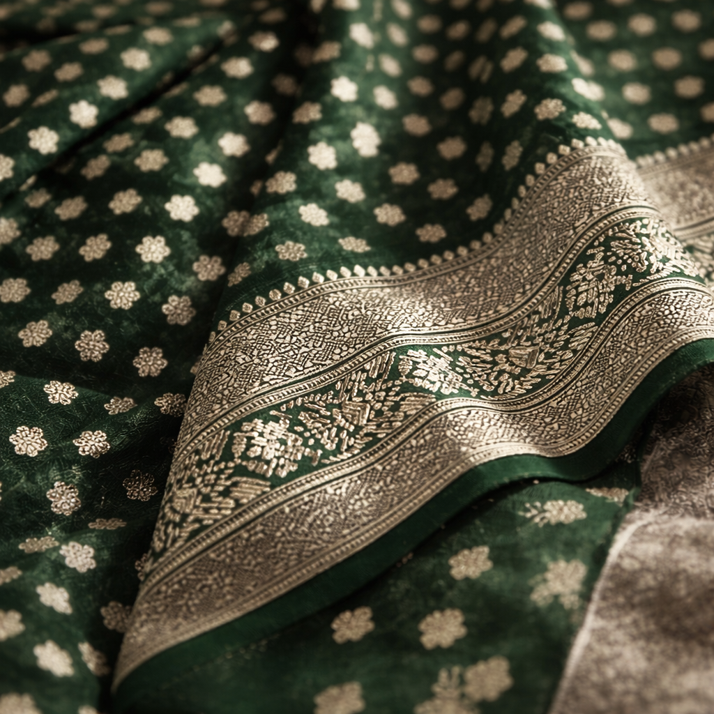 Green Georgette Saree With Silver Foil Print And Designer Blouse – Elegant Festive Wear For Women