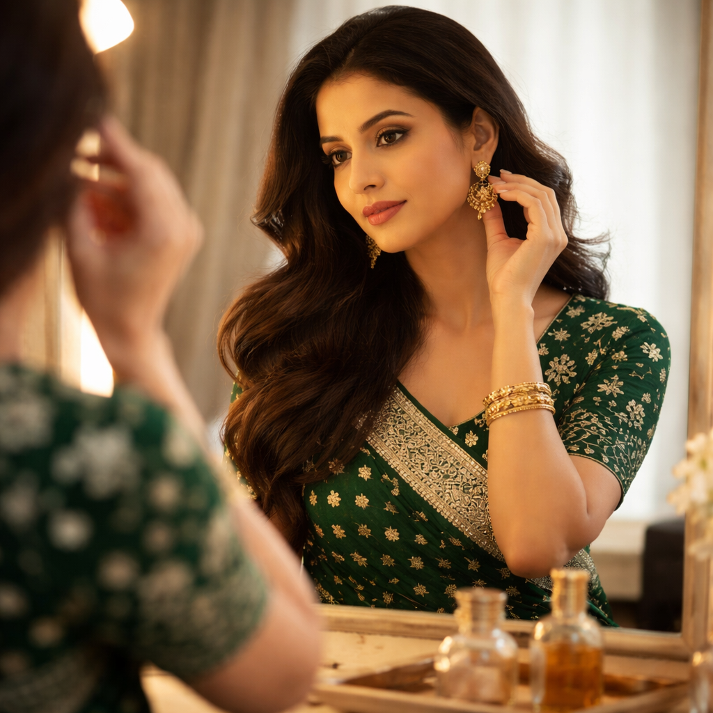 Green Georgette Saree With Silver Foil Print And Designer Blouse – Elegant Festive Wear For Women