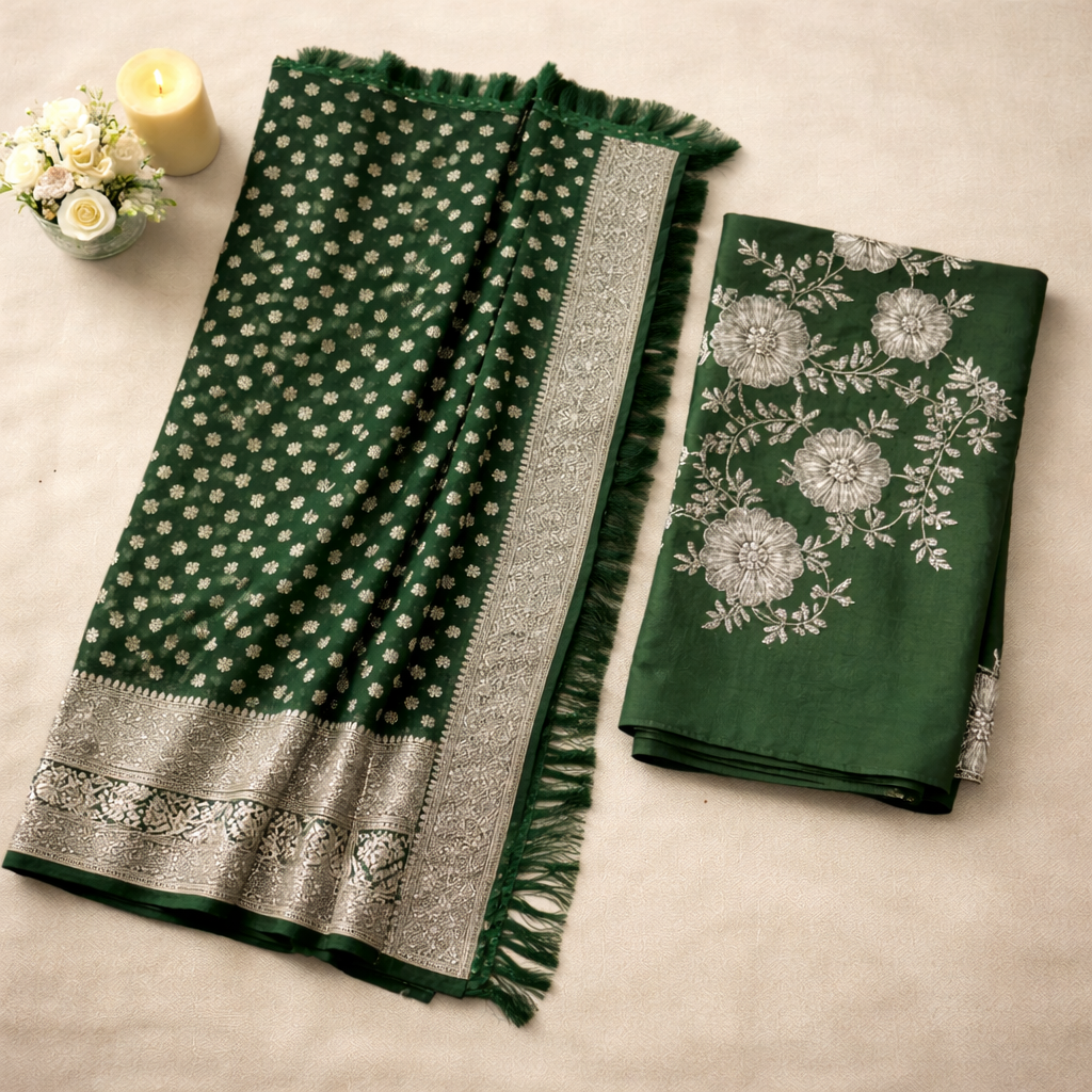 Green Georgette Saree With Silver Foil Print And Designer Blouse – Elegant Festive Wear For Women