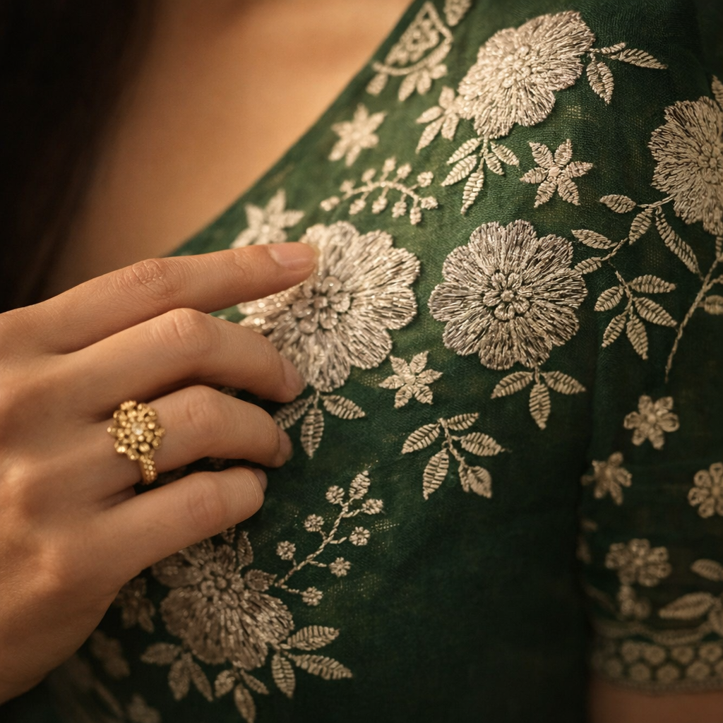 Green Georgette Saree With Silver Foil Print And Designer Blouse – Elegant Festive Wear For Women